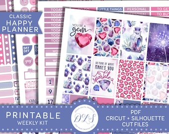 Gelukkig Planner Stickers Kit kristallen Planner Stickers, afdrukbare gelukkig Planner per Kit, Gem Planner Stickers, blauw Stickers, PDF, HP145