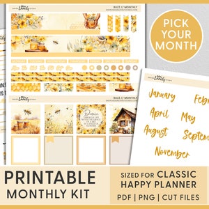 May include: Printable monthly planner stickers with a bee and honeycomb theme. The stickers feature a yellow and white color scheme with watercolor illustrations of bees, honeycombs, and flowers. The text "Pick Your Month" is featured in a yellow circle. The text "Printable Monthly Kit" is featured at the bottom of the image. The text "Sized for Classic Happy Planner" is featured at the bottom of the image. The text "PDF | PNG | CUT FILES" is featured at the bottom of the image.