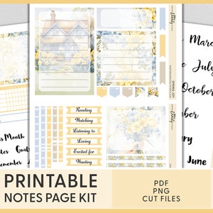 May include: Printable notes page kit with floral and house illustrations. Includes habit trackers, note pages, and banner stickers. The kit features a color palette of yellow, blue, and beige, with text that reads "Printable Notes Page Kit".