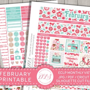 Könnte beinhalten: Druckbare Februar-Kalender-Planer-Aufkleber mit einem rosa und blauen Blumendesign. Die Aufkleber beinhalten ein Kalenderrgitter, Kästchen für Ziele, To-Do-Listen und Projekte sowie eine Vielzahl anderer Aufkleber mit Herzen, Vögeln und einem Fahrrad.