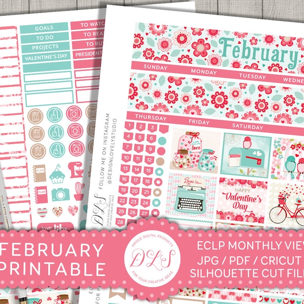 Februar monatliche Kit für Erin Condren, Februar Aufkleber, Februar Sticker, monatliche Ansicht Aufkleber, Valentinstag Planer, MV119