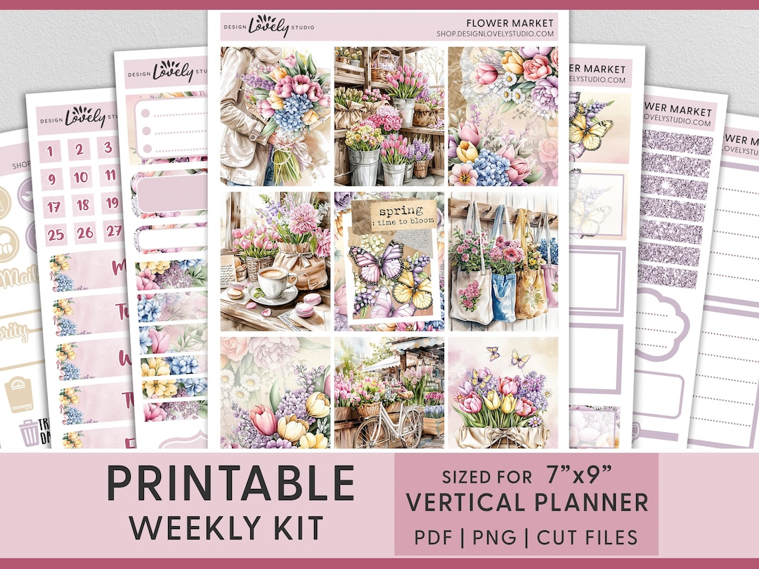 Spring Printable Planner Stickers, Flower Market, Vertical Weekly ...