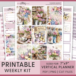 Lente afdrukbare plannerstickers, bloemenmarkt, verticale wekelijkse stickerkit, erin Condren, tulpen, krokussen, bloei, vlinders, VS274