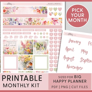 May include: Printable monthly planner kit with floral illustrations. The kit includes a calendar grid, days of the week, and month tabs. The kit is sized for a Big Happy Planner. The text "Pick Your Month" is in a pink circle.