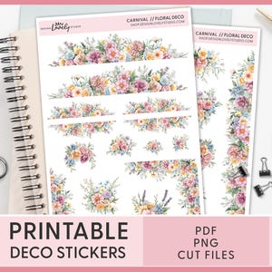 Floral Journaling Stickers – Printable Deco Stickers for Planner & Bujo, Matching Set for Carnival-Inspired Spread, Pink, Summer, JS220