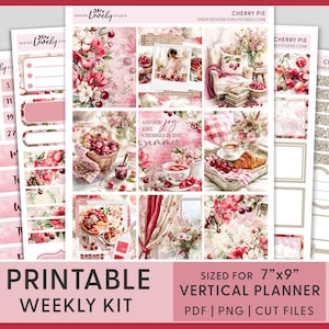 Kit semanal de verano con cerezas: pegatinas imprimibles para Erin Condren, con motivos florales rojos románticos, repostería veraniega y estética frutal vintage, VS283