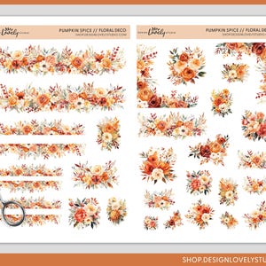May include: A set of 24 digital planner stickers featuring watercolor illustrations of fall-themed floral arrangements in shades of orange, yellow, and red. The stickers are perfect for adding a touch of autumn to your digital planner.
