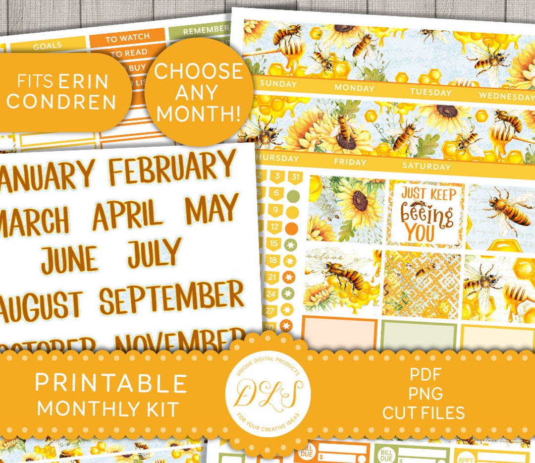 PRINTABLE Monthly Planner Stickers Kit, Honey Bee Monthly Planner Kit ...