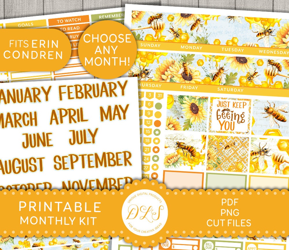 PRINTABLE Monthly Planner Stickers Kit, Honey Bee Monthly Planner Kit ...