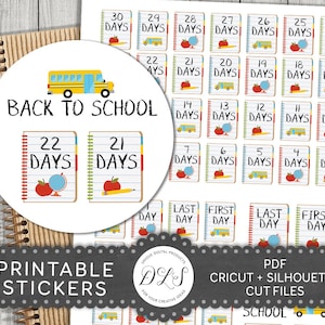 May include: Printable stickers featuring a school bus, apples, and notebooks with the text "Back to School" and numbers counting down the days until school starts. The stickers are designed for use with Cricut and Silhouette cutting machines.