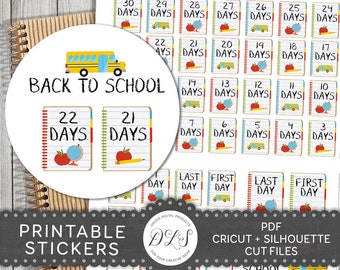 Druckbare Back to School Countdown Sticker, Back to School Planner Sticker, Schul Countdown Sticker, Schulbus, Notebook, DS127