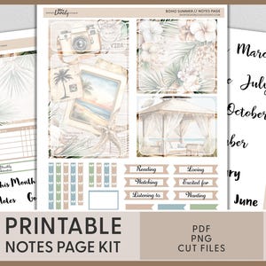 Puede incluir: Kit de páginas de notas imprimibles Boho Summer con ilustraciones en acuarela. Incluye páginas con una cámara, una escena de playa y un cenador. También incluye elementos decorativos como pancartas y pegatinas con forma de libro. El texto de la imagen dice "Kit de páginas de notas imprimibles".