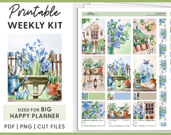 May include: Printable weekly planner sticker kit with a gardening theme. The stickers feature watercolor illustrations of blue forget-me-not flowers, gardening tools, a wheelbarrow, and a small shed. The stickers are sized for the Big Happy Planner.