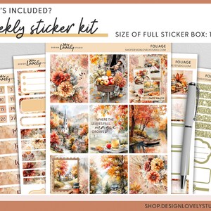 May include: A weekly sticker kit with a fall foliage theme. The kit includes various stickers with watercolor illustrations of autumn scenes, floral designs, and calendar stickers. The full sticker box size is 1.5 x 1.9 inches.