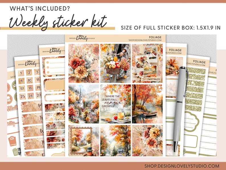 May include: A weekly sticker kit with a fall foliage theme. The kit includes various stickers with watercolor illustrations of autumn scenes, floral designs, and calendar stickers. The full sticker box size is 1.5 x 1.9 inches.