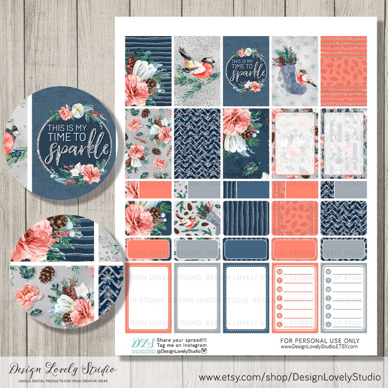 May include: A digital sticker sheet with a winter theme. The sheet features various designs, including floral arrangements, birds, and the text "This is my time to sparkle." The color palette includes navy blue, coral, and gray.