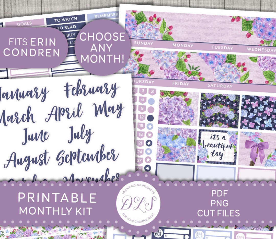 Printable Monthly Planner Stickers Kit, Purple Floral Planner Stickers ...