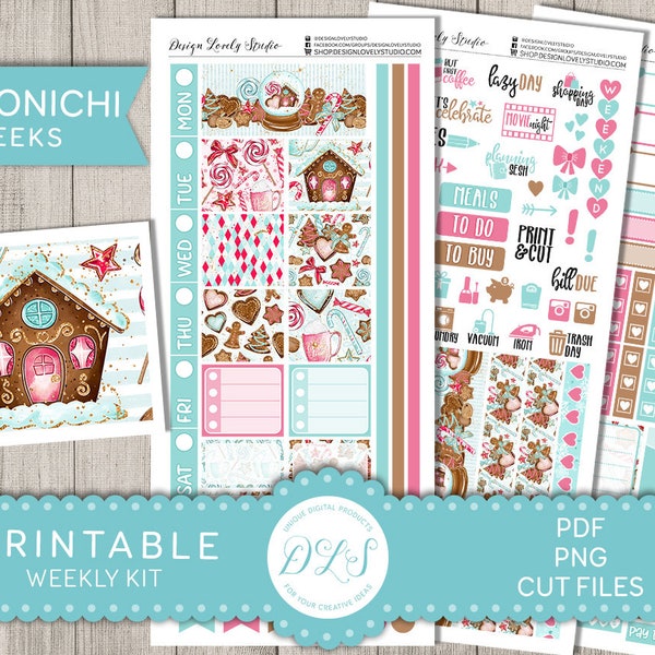 Printable CHRISTMAS Planner Stickers Kit, Hobonichi Weeks Planner Stickers, Gingerbread House Stickers, Winter Holidays Stickers,  HO135