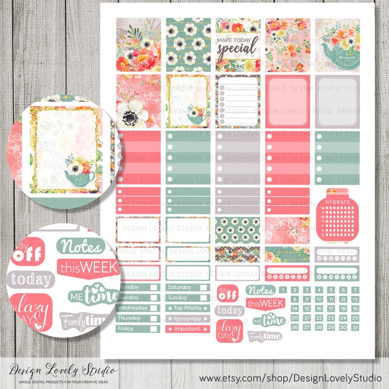May include: A set of printable planner stickers featuring floral designs, a teapot, and text such as "Make Today Special", "Notes This Week", "Me Time", and "Family Time".