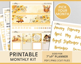 Printable May Planner Stickers, Honey Bee Stickers, April Monthly Stickers, June Monthly Sticker Kit, Floral Scrapbook Stickers, MV244