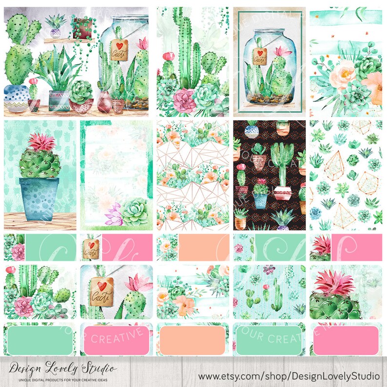 May include: A digital planner sticker sheet with a cactus theme. The sheet includes various cactus illustrations, patterns, and text, including "Cacti" and "Creative".