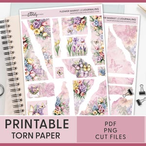 Adesivi stampabili in carta strappata primaverile, adesivi in carta strappata, decorazioni floreali, tulipani, adesivi per planner, bullet journaling, mercato dei fiori, JS207
