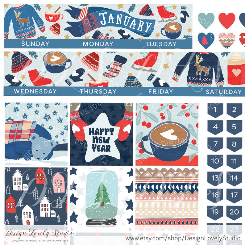 Printable January Planner Stickers January Monthly Kit Happy Etsy