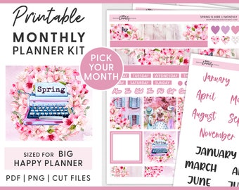 Spring Planner Stickers, Big Happy Planner Stickers Kit, Floral Planner Stickers, April Stickers, Pink Stickers, Monthly Stickers Kit, BM226