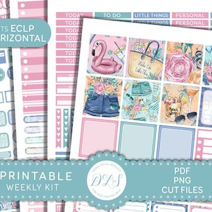 PRINTABLE Summer Planner Stickers, Beach Day Planner Stickers Kit, Flamingo Planner Stickers, for Erin Condren Horizontal Planner, HS166