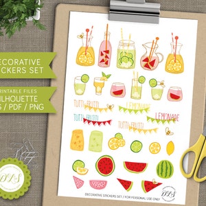 May include: A set of printable decorative stickers featuring colorful illustrations of summer drinks, fruits, and watermelon slices. The stickers include text that says "Tutti Frutti" and "Lemonade".