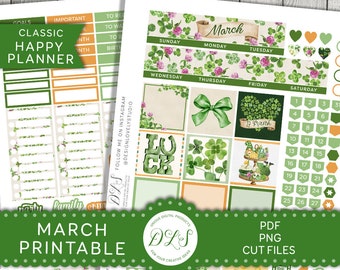 MARCH Printable Planner Stickers, Classic Happy Planner Stickers, St. Patrick's Day Planner Stickers, Including Cut Files, HPMV183