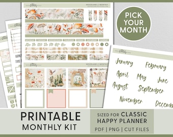 Op de afbeelding: Printbare maandelijkse planner stickers met een bos thema. De stickers hebben verschillende ontwerpen, waaronder paddenstoelen, vlinders en bloemenpatronen. De stickers zijn geschikt voor een klassieke happy planner. De tekst "Kies je maand" wordt weergegeven op een groene cirkel.