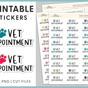May include: Printable stickers featuring a paw print and the text "VET APPOINTMENT" in black and white. The stickers are available in a range of colours, including teal, pink, blue, green, and purple.