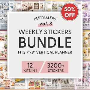 Paquete de pegatinas semanales imprimibles 12 en 1, kit de pegatinas verticales, acuarela, invierno, primavera, verano, otoño, Erin Condren, archivos recortables, BBV103