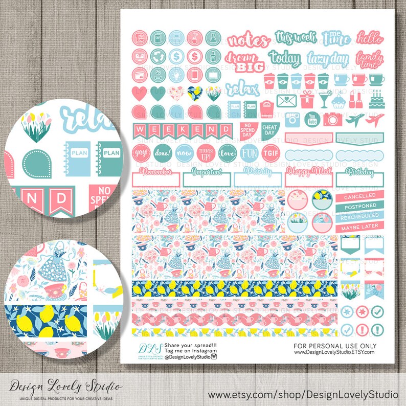 May include: A set of printable planner stickers featuring a lemon and teacup theme. The stickers include various designs, such as lemons, teacups, flowers, and text. The stickers are in a variety of colors, including pink, blue, yellow, and green.