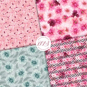 FLORAL Digital Paper Pack Dahlias Pink Mint Background Floral Wedding ...