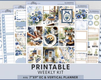 Adesivi stampabili con mirtilli per agenda, kit settimanale per agenda verticale Erin Condren, adesivi in stile cottagecore, tema estivo di pasticceria, VS301