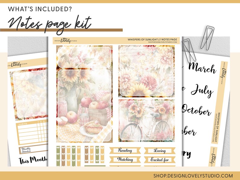 May include: A notes page kit with a floral and fruit design. The kit includes note pages, stickers, and labels with text such as "Reading", "Loving", and "Excited for". The kit also includes monthly labels.