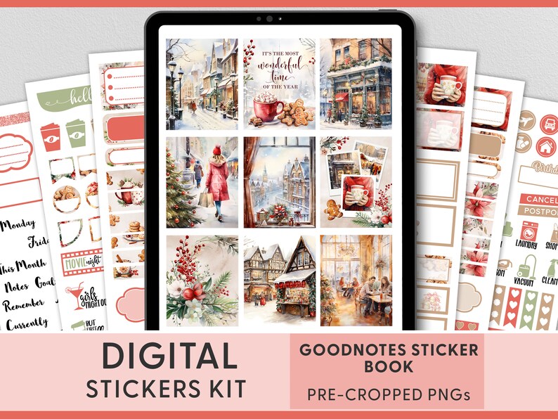 May include: Digital sticker kit for GoodNotes with winter-themed watercolor illustrations. Includes pre-cropped PNGs and sticker sheets with labels and decorative elements. Text on the image says "It's the most wonderful time of the year."