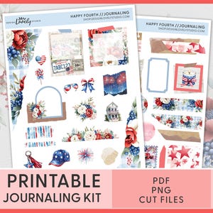 4th of July Journaling Stickers – Printable Patriotic Planner Stickers, Stars & Stripes, USA Theme, Summer Red White Blue Kit, JS237