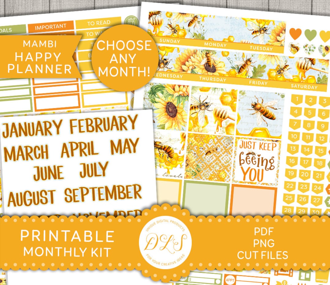 PRINTABLE Happy Planner Monthly Stickers Kit, Honey Bee Monthly Planner ...