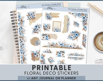 Blue Winter Floral Stickers, Printable Planner Stickers, Winter Florals For Journaling, Cozy Botanical, Hot Cocoa Collection, JS175