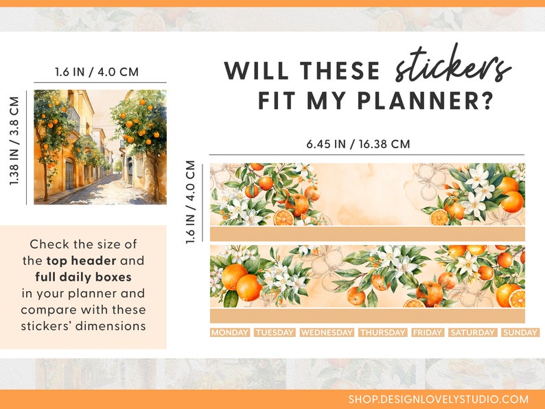 Puede incluir: Un gr&aacute;fico que muestra las dimensiones de las pegatinas de flores de azahar. Las pegatinas miden 1,6 pulgadas por 4 pulgadas y 6,45 pulgadas por 16,38 pulgadas. El texto "WILL THESE stickers FIT MY PLANNER?" est&aacute; en la parte superior del gr&aacute;fico. El texto "MONDAY, TUESDAY, WEDNESDAY, THURSDAY, FRIDAY, SATURDAY, SUNDAY" est&aacute; en la parte inferior del gr&aacute;fico.