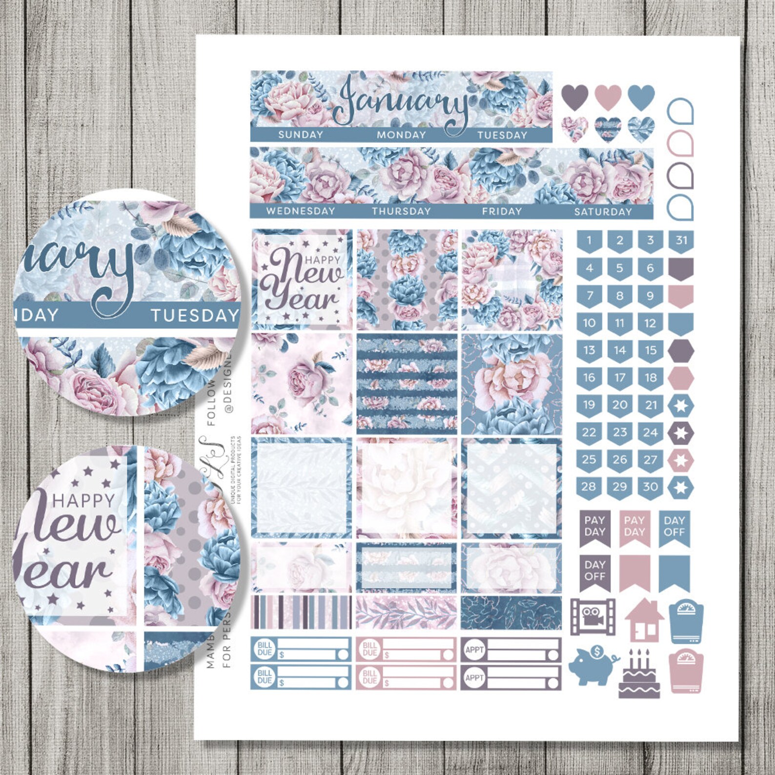 January Planner Stickers, Mambi Monthly Stickers Kit, Happy Planner ...