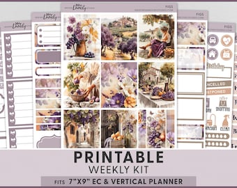 Fall Harvest Printable Planner Stickers, Erin Condren Vertical Weekly Kit, Figs And Grapes, Tuscan Countryside,  VS310