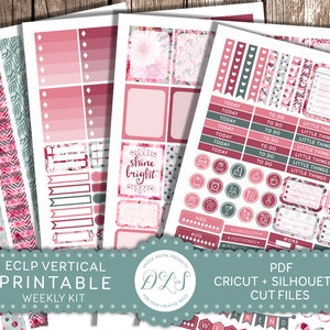 Kit hebdomadaire imprimable pour ECLP VERTICALE Floral planificateur de menthe rose dégradé Bordeaux automne couleurs icône Stickers Silhouette Cricut coupe fichiers VS116