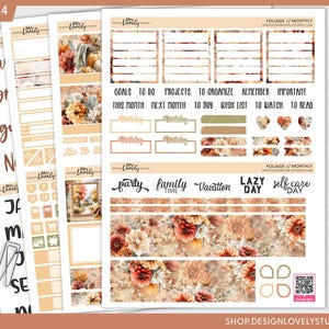 May include: A collection of planner stickers with a fall theme. The stickers feature floral patterns in shades of orange, brown, and beige, with text such as "Goals to do", "Vacation", and "Self Care". Includes decorative elements and calendar labels.