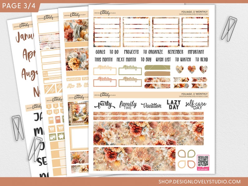 May include: A collection of planner stickers with a fall theme. The stickers feature floral patterns in shades of orange, brown, and beige, with text such as "Goals to do", "Vacation", and "Self Care". Includes decorative elements and calendar labels.