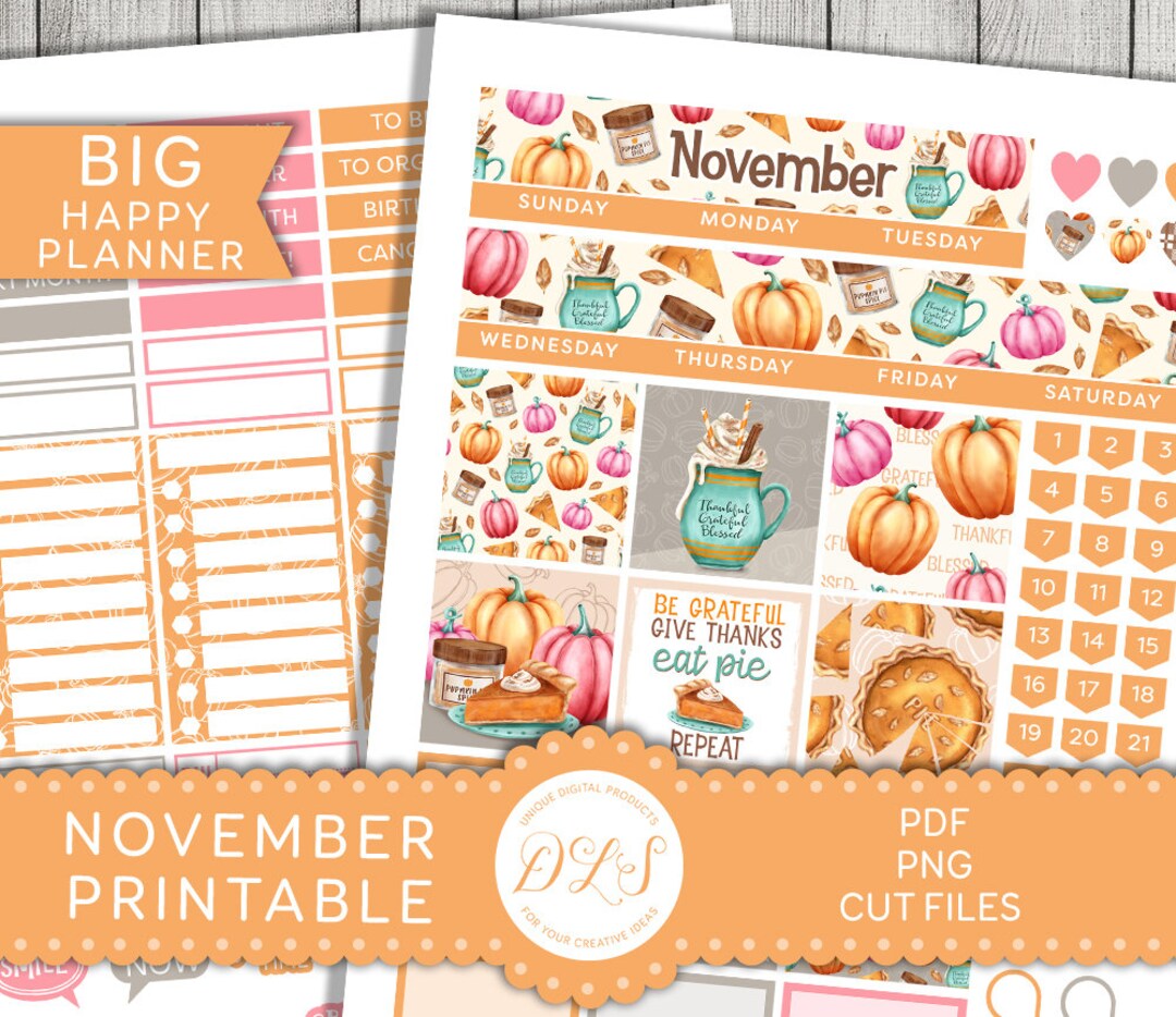 Printable NOVEMBER Monthly Stickers Kit, Big Happy Planner November Kit ...