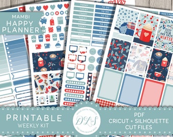Winter Planner Stickers, January Stickers, Weekly Stickers Kit, Mambi Happy Planner, Printable Stickers, Cut File Stickers, Red Blue, HP113
